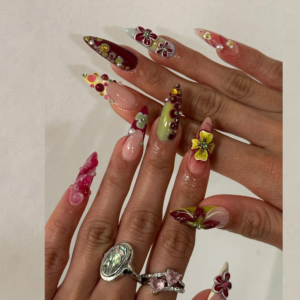 3D Floral Burgundy Pop Press On Nails