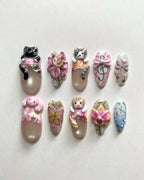 3D Handmade Cat Bunny Floral Musical Ribbon Press On Nails