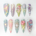 3D Pastel Press-On Nails – Floral & Butterfly Design