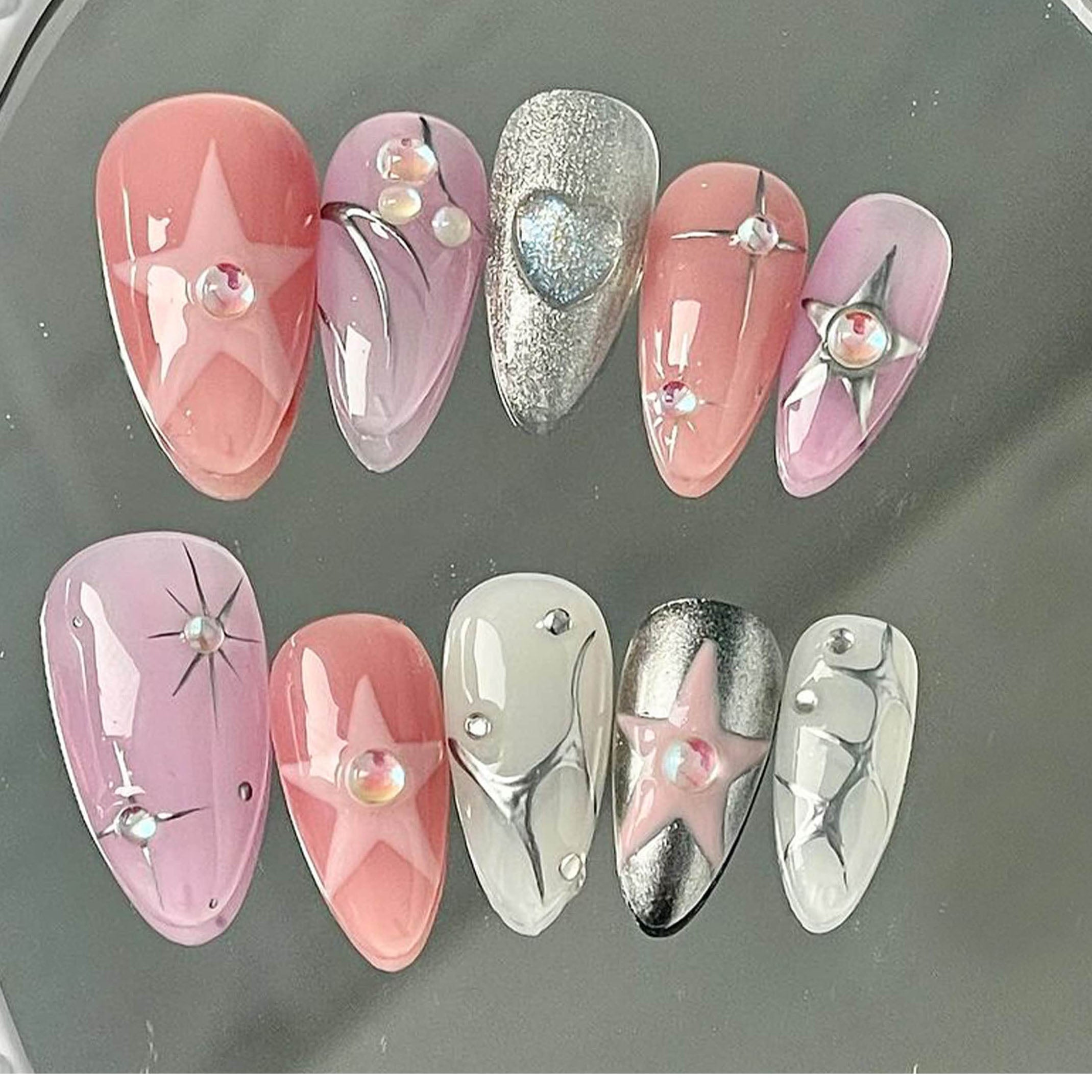 3D Star Pink Chrome Press On Nails Set