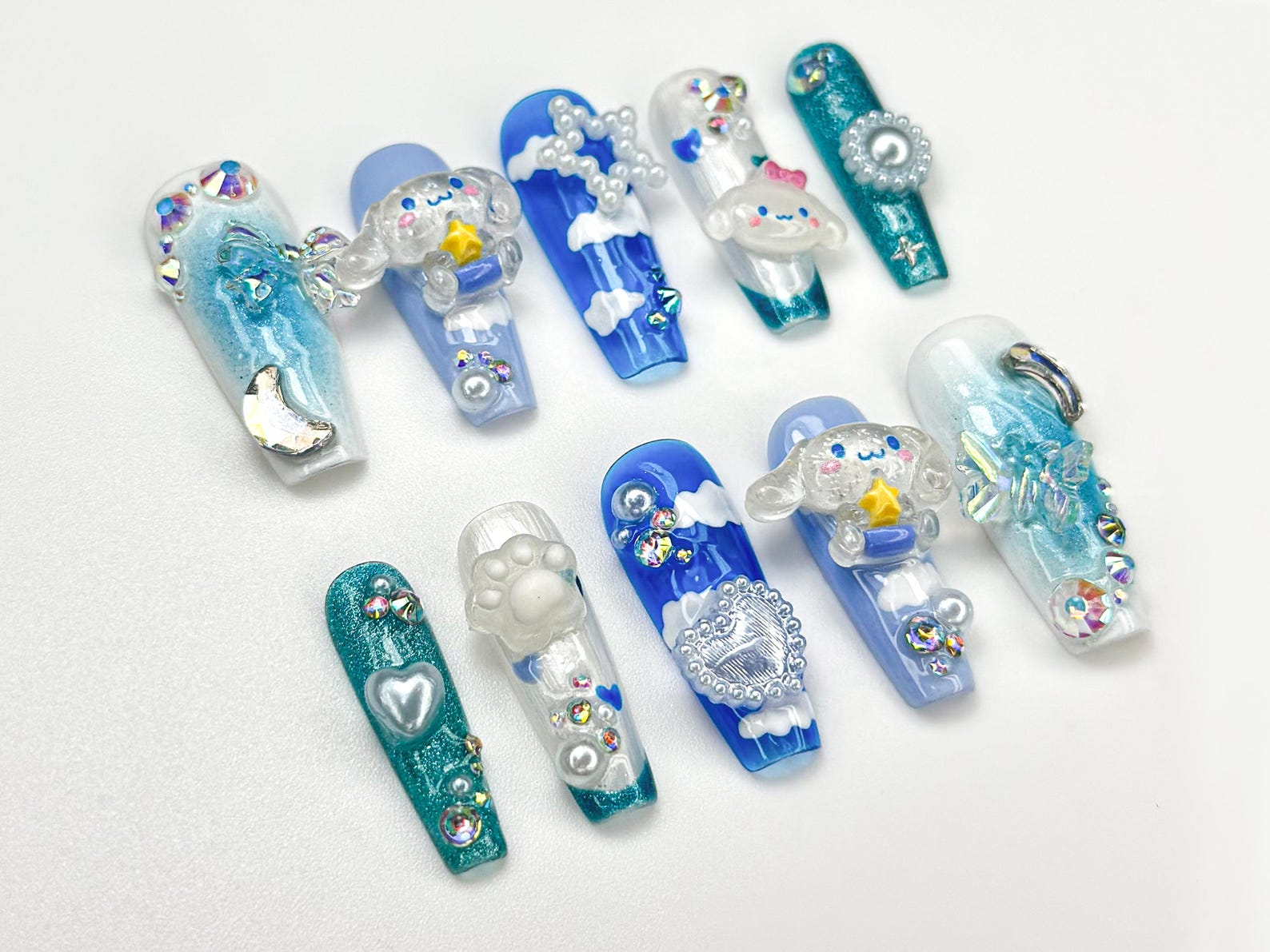 Kawaii Puppy Cloud Press On Nails | Blue Sky Nail Art | 3D Cloud & Star Resin Nails | Dreamy Pup-Inspired Press Ons | Cute Nails| OB925HC