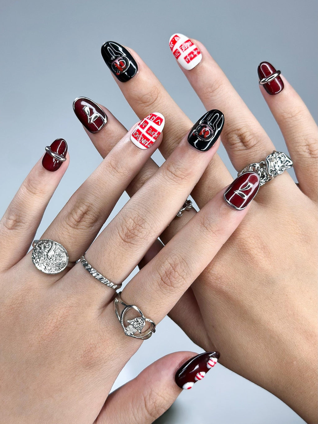 Kpop Inspired Arirang Spirit Nails | 7 Spirit Cupid Voyage Press Ons | Red White Silver 3D Chrome Nails | Fandom Concert Nails | OB359IC