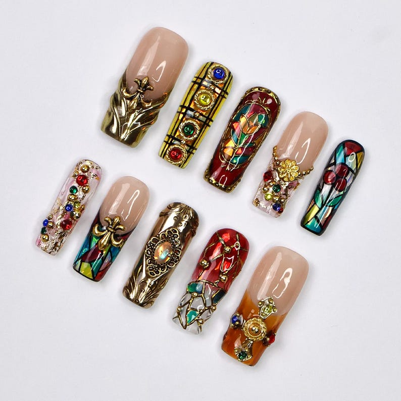 Handmade Baroque 3D Press-On Nails | Stained Glass Vitreaux Design | Long Square Gothic Fake Nails for Holiday. Vacation. Birthday | OB907L