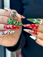 Cozy Knit Christmas Press On Nails | Red Green Holiday Nail Art |Festive Tree & Ribbon Design| Candy Cane And Snowflake Design | OB1195EK