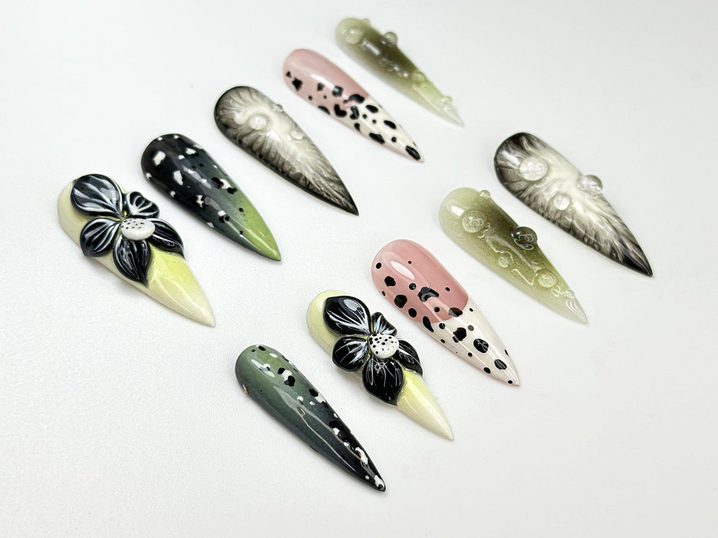 Elegant Green Bloom Press On Nails | 3D Black White Floral Nails | Handpainted Nature Nail Art | Green Ombre & Dot Accent Nails | OC101HK