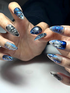 Galaxy Gothic Press On Nails | Dark Blue Chrome Cat Eye Nails | Celestial Star Night Nail Art | Handmade Cosmic Gel Nails | OB328IC