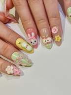 Kawaii Bunny Easter Press On Nails. Pastel Green and Pink Plaid Nails. Colorful Pastel Gingham Fake Nails For Cute Lover. OB1291H