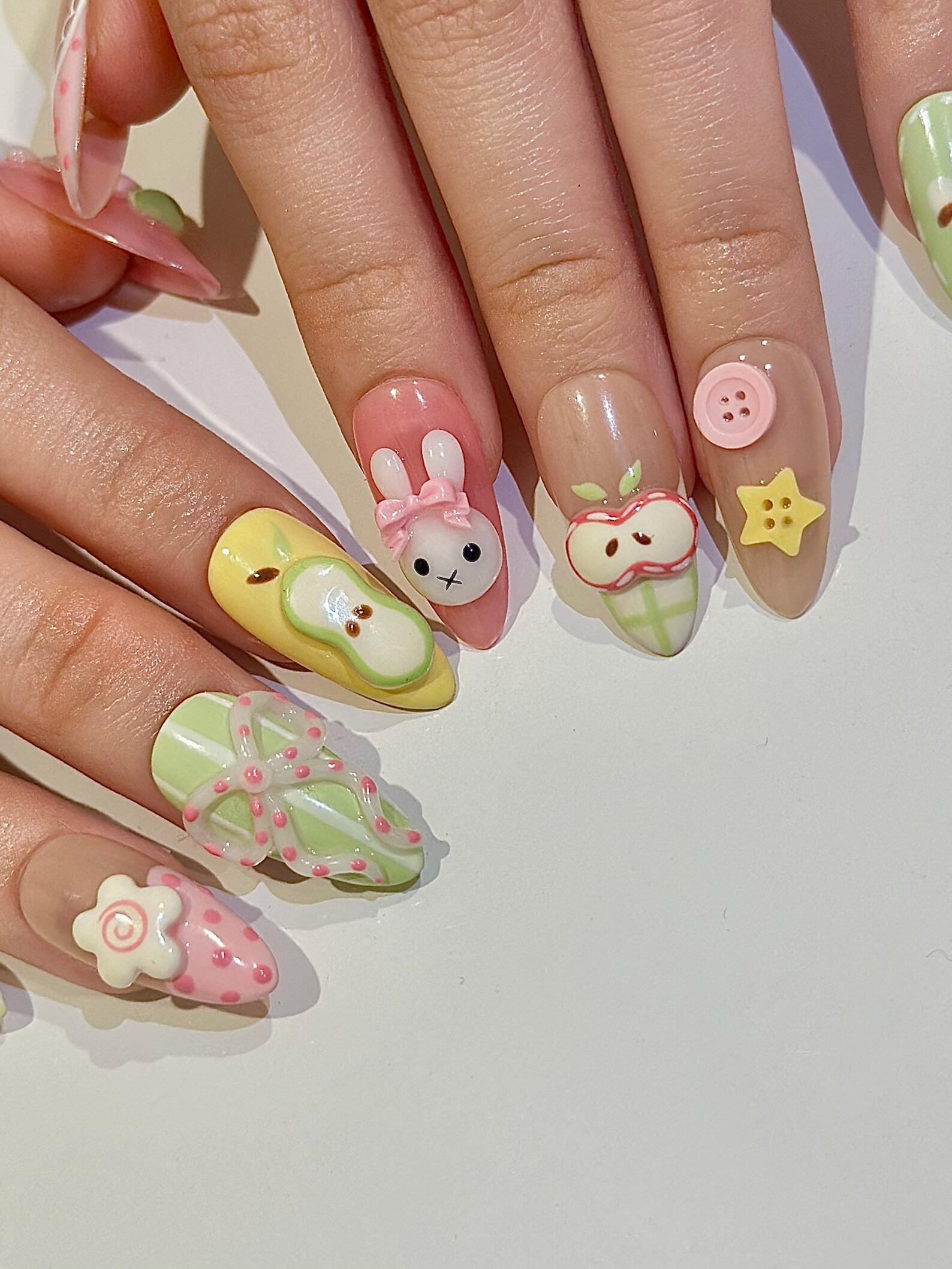 Kawaii Bunny Easter Press On Nails. Pastel Green and Pink Plaid Nails. Colorful Pastel Gingham Fake Nails For Cute Lover. OB1291H
