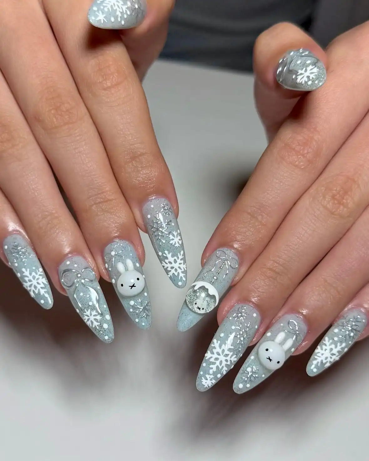 Handmade Bunny Snowflake Glitter Cute Winter Christmas Theme Press on Nails S94