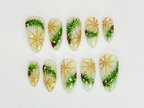 Luxury Christmas Press On Nails | Gold Snowflakes And Pine Accents Fake Nails | Festive Holiday Nail Polish | Seasonal Nail Art | OC650YC