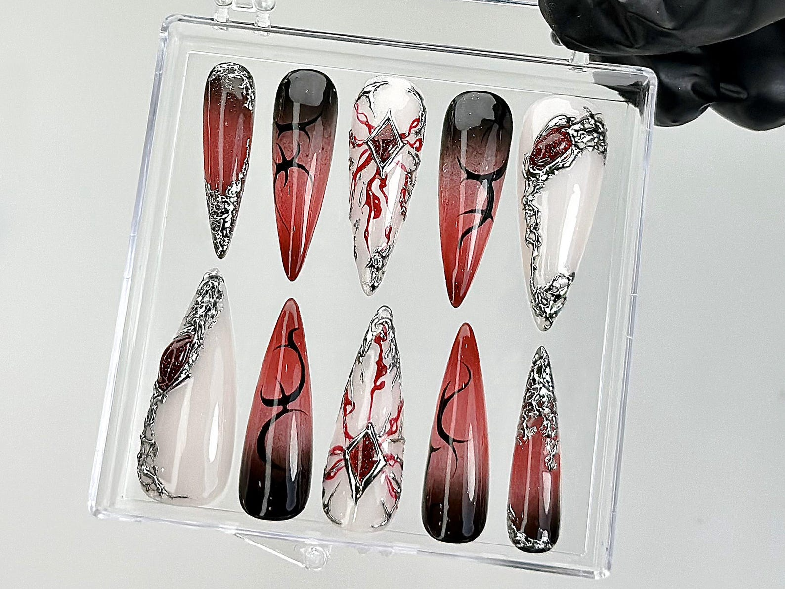 Gothic Fantasy Press On Nails | Dark Glam Fake Nails | 3D Red & Black Flame Nail Art | Handmade Dark Press Ons | Blood Nail Art | OB879YC