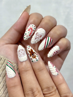Candy Sweater Christmas Press On Nails | Snowflake Winter Nail Art | Red Green Stripe Holiday Nails |3D Cable Knit Nail | OB1212EC