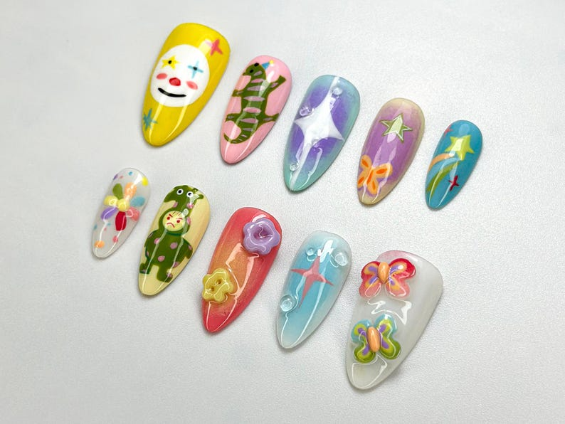 Whimsical Clown Press-On Nails | Hand-Painted Fantasy Nail Art | Bold & Bright Nail Set | Circus Clown Nails | Funky Festival Nail | OC697HK