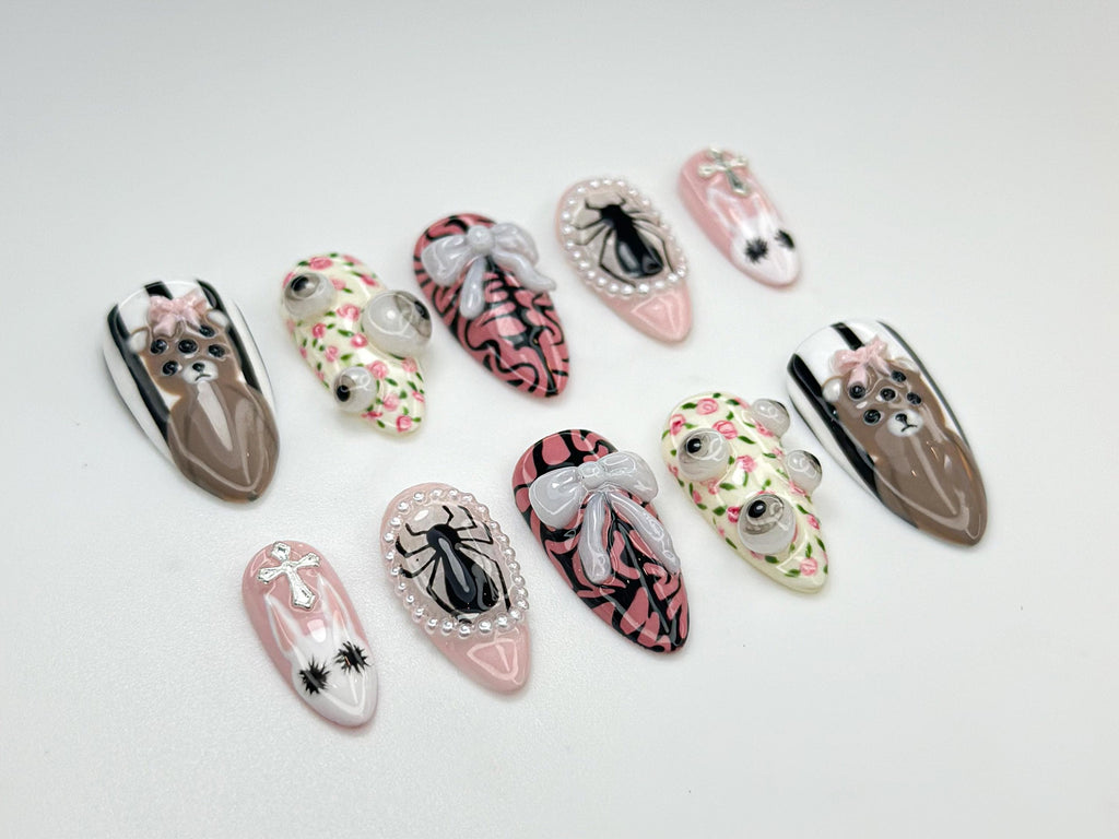 3D Spider & Bear Nail Art Set - Cute Pink Cross Bow Design. Floral Accents