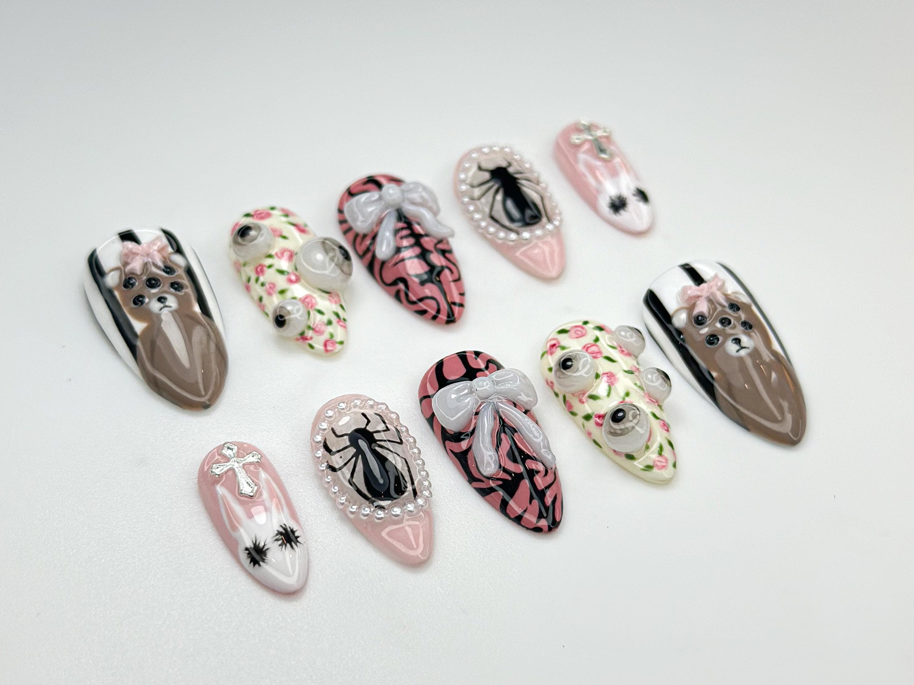 3D Spider & Bear Nail Art Set - Cute Pink Cross Bow Design. Floral Accents