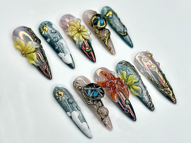 Mystical Forest Bloom Press On Nails | 3D Butterfly Vine Nail Art | Fantasy Nature Sculpted Nails | Metallic Galaxy Tips | OB955EK