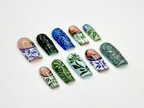 Vintage Botanical Press On Nails | Hand-Painted Ceramic-Inspired Nail Art | Green Leaf Design | Nature-Inspired Press Ons | OB933H