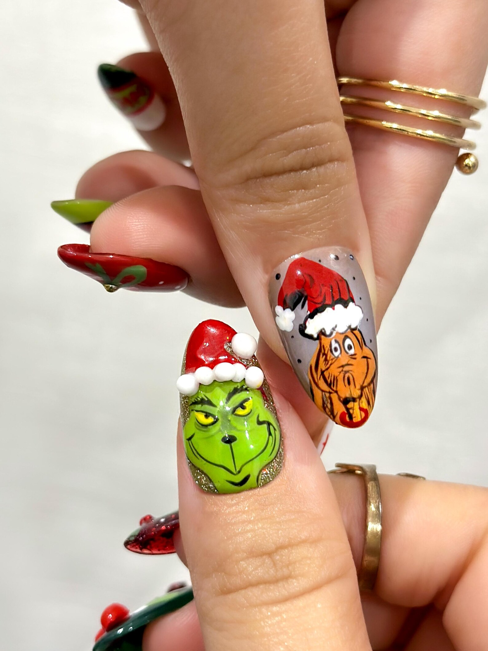 Grinch Mischief Press On Nails For Christmas | Cute Cartoon Winter Nail Art | Funny Holiday Nails | Red Green Christmas Set |OB227EG