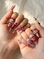 Gothic Valentine Clown Heart Press On Nails for Dark Romance Girls. Handmade Long Pink Chrome Fake Nails. Alternative Love Nail.OB278EC