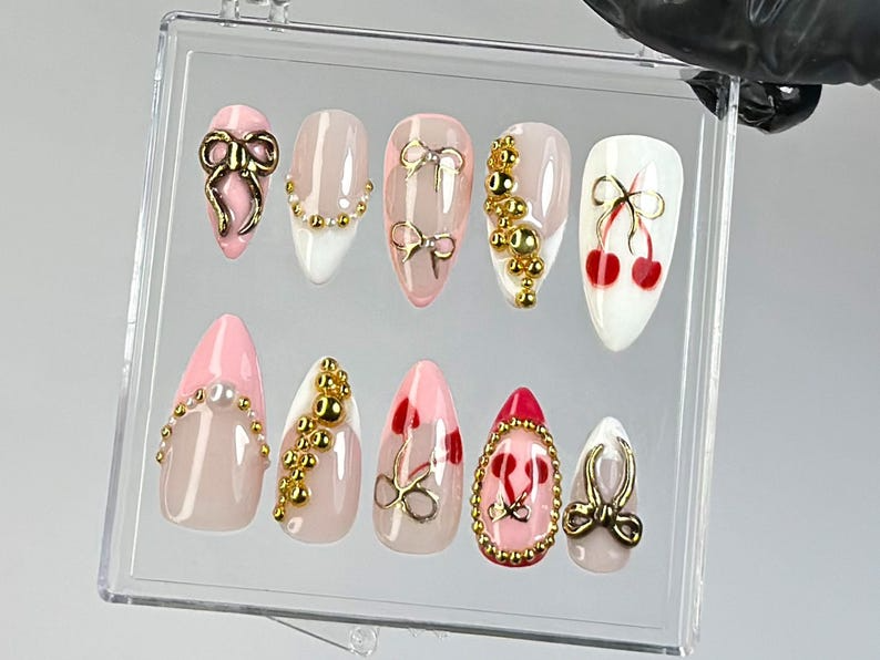 Romantic Cherry Press On Nails | Handmade Cherry. Gold Bead Press Ons | Pink & Gold Bow Fake Nails | French Tip Nail Art | OC782YK