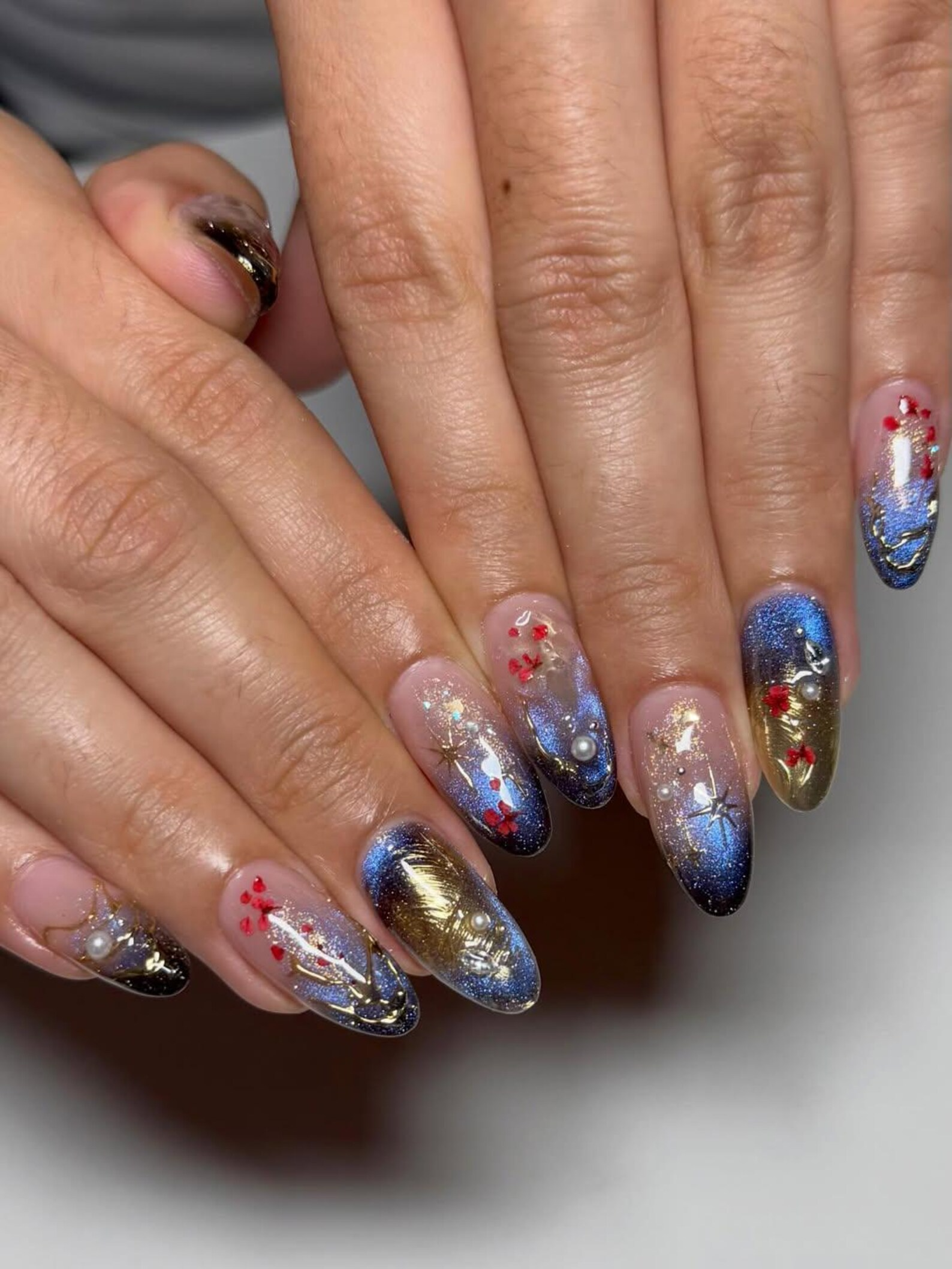 Luxury Navy Gold Press On Nails. Mystic Galaxy Floral Nails. Reusable Stiletto Nail with Gold Filigree and Shimmering Night Sky Art. OB307HC