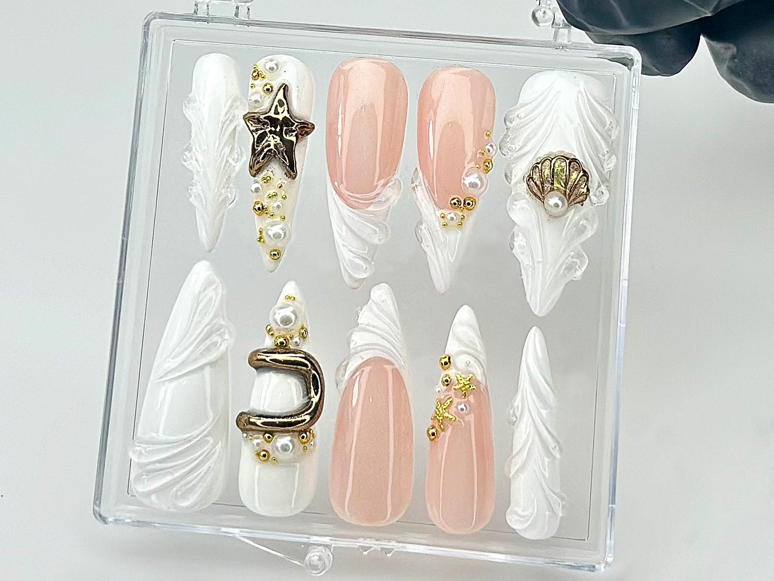 Pearl Starfish Shell Press On Nails by dorynail | Ocean Theme 3D Press Ons | Mermaid Bride Fake Nails | Pearl Bridal Nail Art | OC849YC