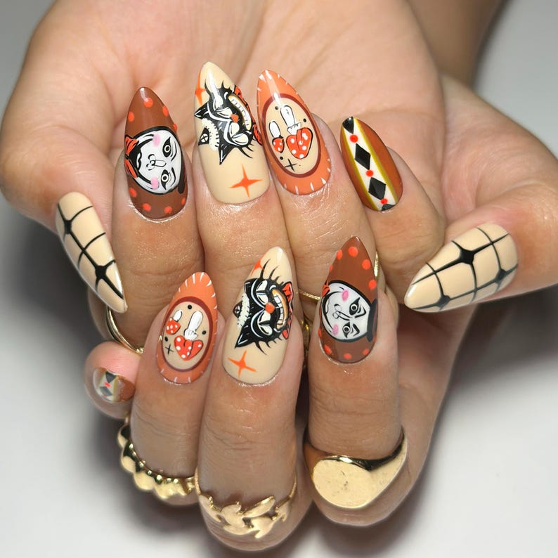 Halloween Press On Nails | Hand Painted Vintage Clown & Cat Nail Set | Retro Mushroom Fake Nails OB465L