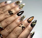 Golden Eclipse Glam Press On Nails | Metallic Brown Cat-Eye Gradient | 3D Gold Floral & Gem Accents | Luxury Handmade Nail Art | OB148EC