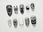 Cosmic Black Cat Press On Nails | Gothic Cat Nail Art | Moon Star Astrology Nails | Witchy Black White Press Ons | Mystic Nail Set | OB263H