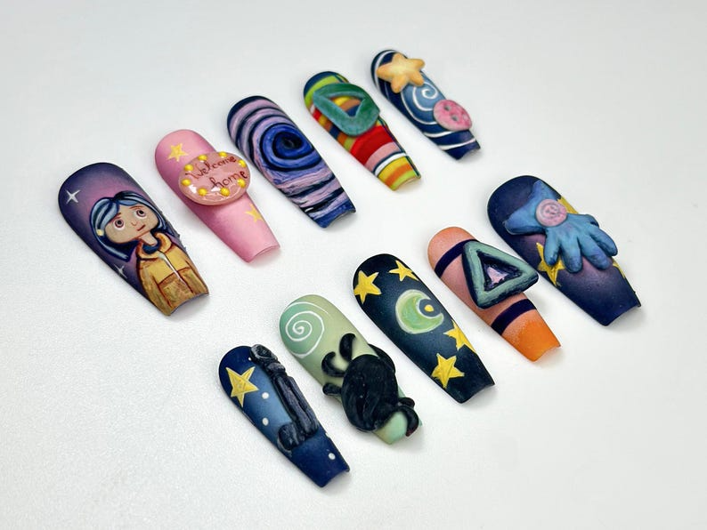 Creepy Cute Cartoon Press On Nails | Handmade 3D Starry Night Nails | Halloween Nail Art | Unique Spooky Nail Set | OA136HC