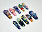 Creepy Cute Cartoon Press On Nails | Handmade 3D Starry Night Nails | Halloween Nail Art | Unique Spooky Nail Set | OA136HC