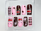 Kawaii Pink Monster Press On Nails | Domo Character Nail Art | Pink & Brown Cartoon Nails | Cute Star Stripes Nails | Handmade Nails|OC970DC