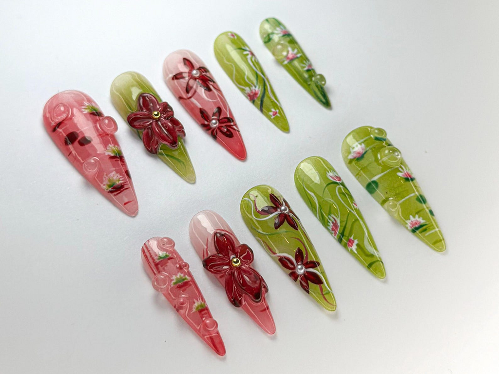 Spring Bloom Press-On Nails | Handmade Lotus Blossom Nail Set | Pink & Green Lotus Nail Art | Nature-Inspired Nails |OC720HC