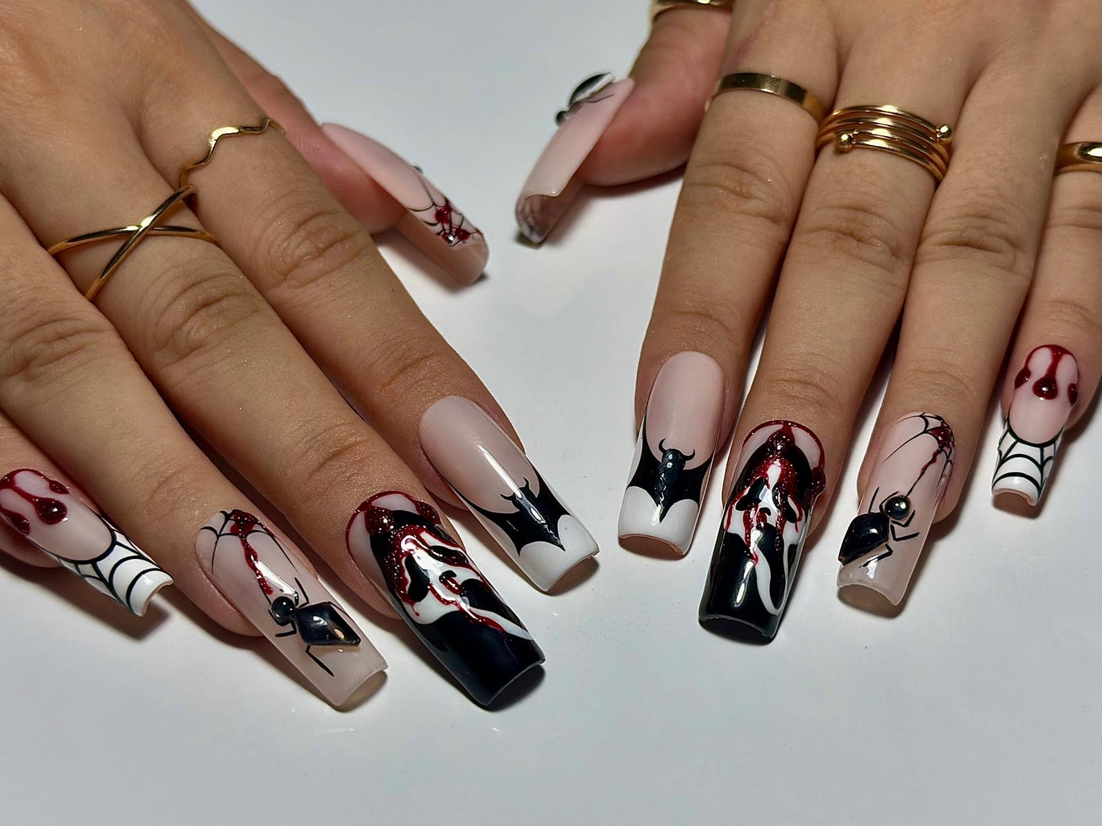 Gothic Spider Web Press On Nails | 3D Black Widow and Blood Drip Art | Scream Ghost & Webbed Bat Design | Halloween Horror Nail | OB980EC