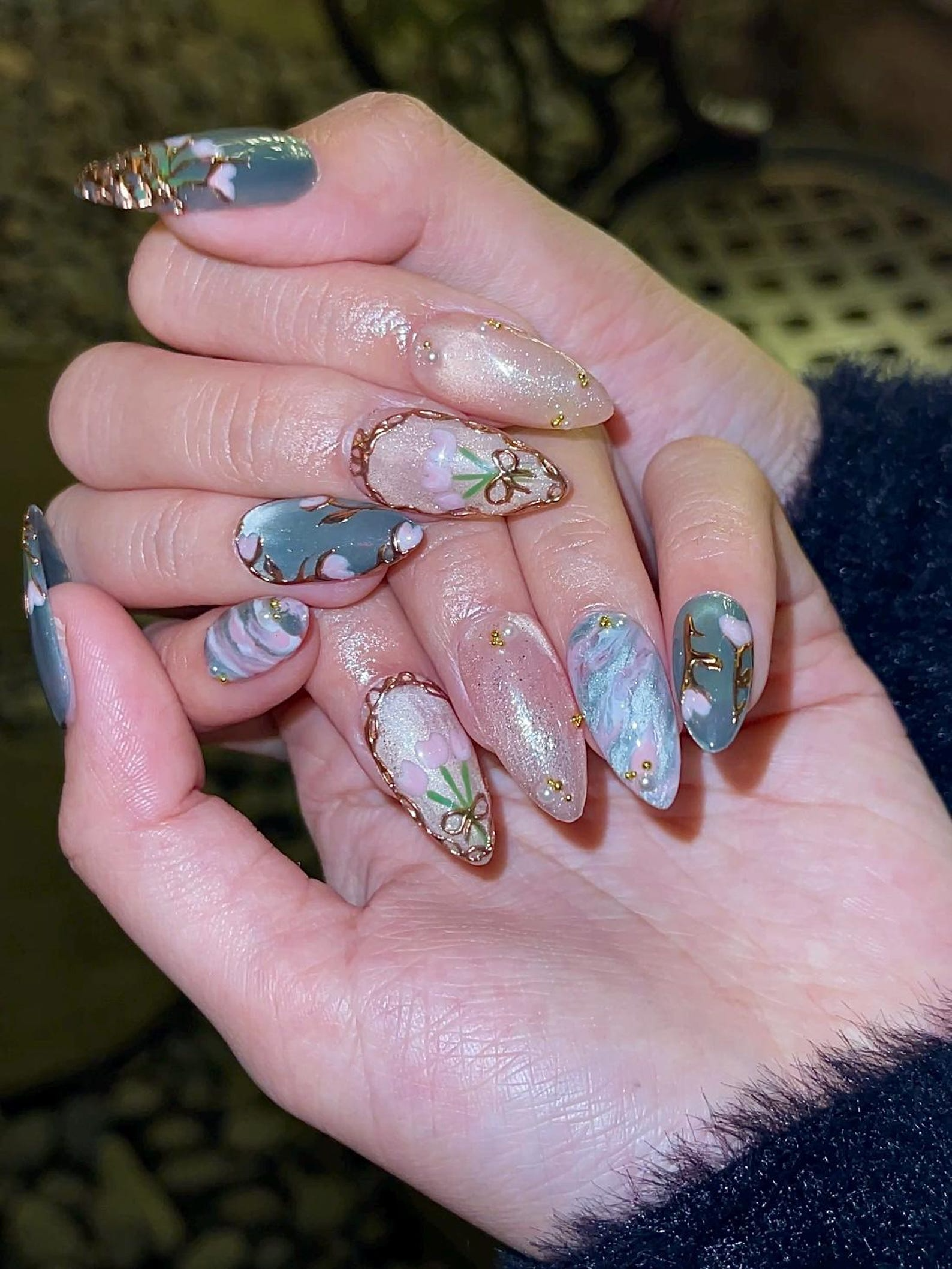 Vintage Tulip Press On Nails. Sage Green and Pink Marble Nails with Gold Rose Frame. Elegant Floral Hand-Painted Custom Nails. OB307HK