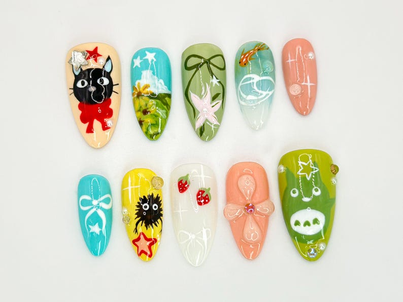 Studio Ghibli-Inspired Nail Art | Totoro and Kiki Nail Art | Kawaii Anime 3D Design | Whimsical Anime & Nature Nail Art | OB543HK