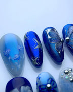Handmade Blue Butterfly Floral Nail Art with Pearl Bow Accent Press on Nails P83