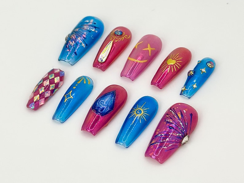 League of Legends Jinx Fake Nails | LoL Jinx Nail Art | Jinx-Themed Press Ons | Inspired by League of Legends Nails | Bold. Chaotic |OB711YC