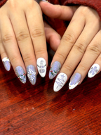 Silver Frost Christmas Press On Nails | 3D Snowman & Christmas Tree Nail Art | Frosted Birds and Winter Scene | OB1209EC