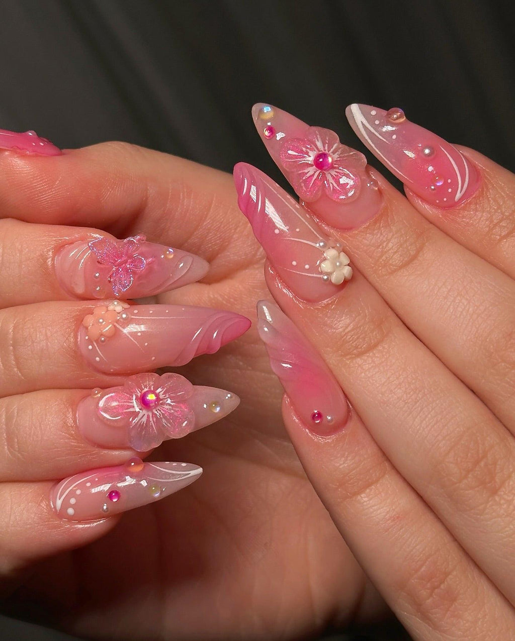 Handmade 3D Pink Fairy Garden Nails – Butterfly. Flower & Pearl Press-On Set E58