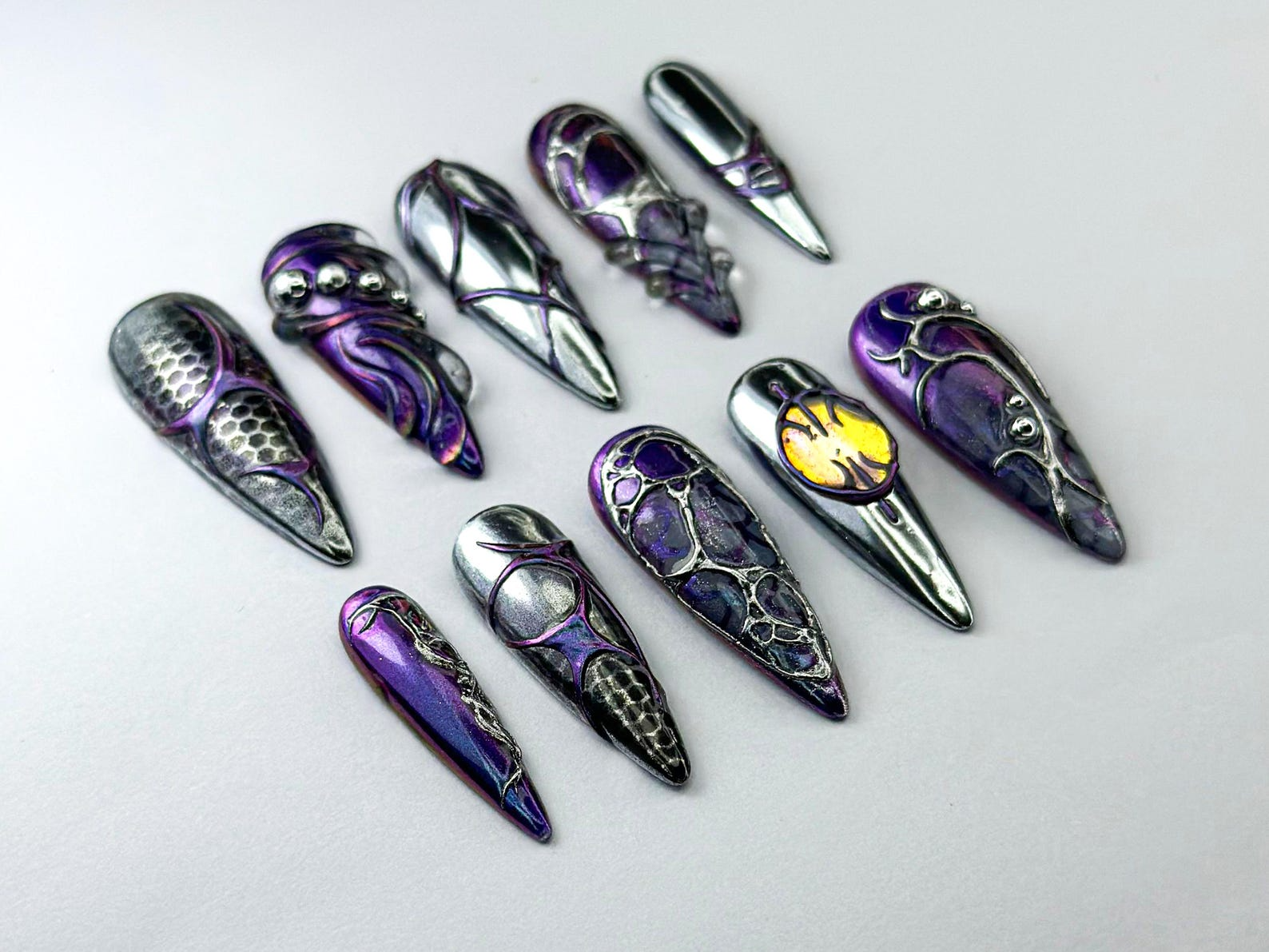 Metallic Dragon Scale Press-On Nails | Gothic Fantasy Inspired Set | Unique 3D Chrome Press-Ons | Cyberpunk And Gothic Nails | OB725HC