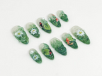 Nature Koi Fish Press On Nails | Realistic Pond & Fish Nail Design | Natural Landscape Nail Art | Custom Hand-Painted Green Nails | OB669HC