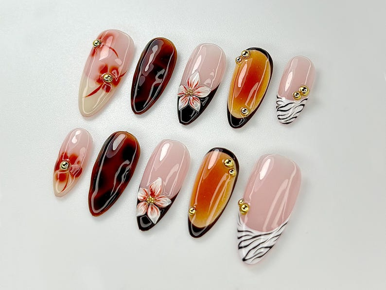Brown Tortoise Shell Press On Nails | Zebra. Tiger Tip Nail Art | Safari Inspired Nail Art | Zebra Animal Kawaii Nails |Luxury Nails|OB797YK