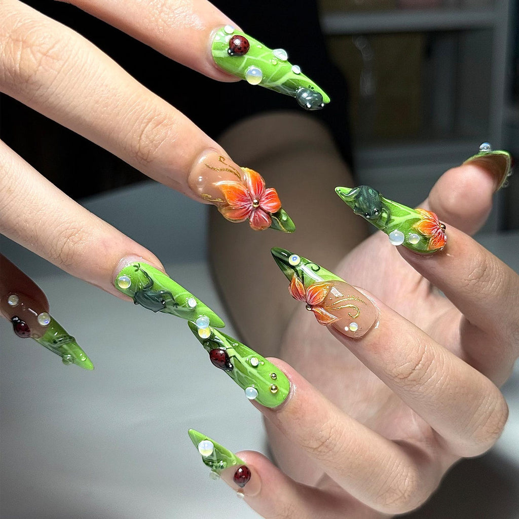 Green Floral Press On Nails with Ladybug and Pearl | 3D Nature Nails in Long Almond | Handmade Spring Nails for Wedding. Vacation | OB330N