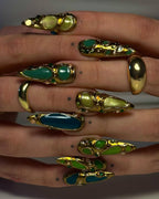 Green & Teal Gold-Framed 3D Press-On Nails – Jewelcore Statement Set A27