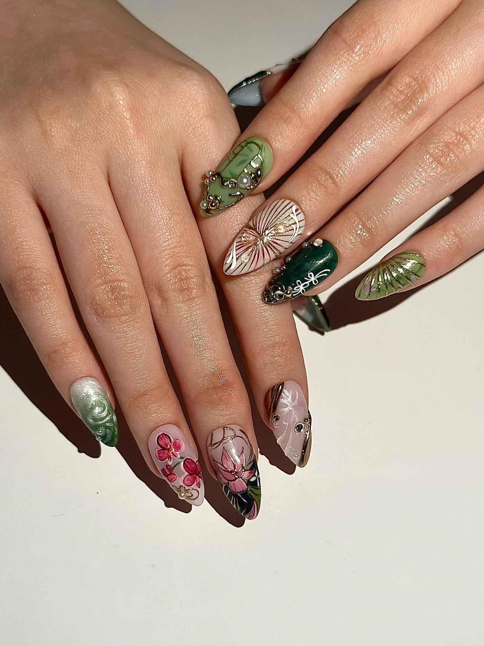 Asian Inspired Luxury Press On Nails | Jade Green Gold Floral Nails | Handpainted Pagoda Nail Art | Elegant Statement Press Ons | OB309HC