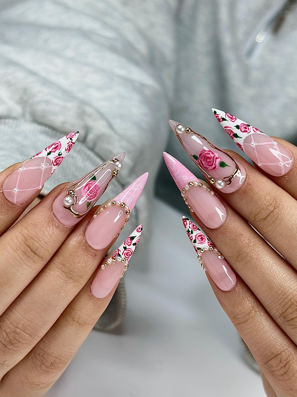 Vintage Rose Stiletto Press On Nails | Pink Rose Bridal Nails for Women | French Tip Floral Nails | Pearl Gold Nail| Romantic Nail |OB1276HC
