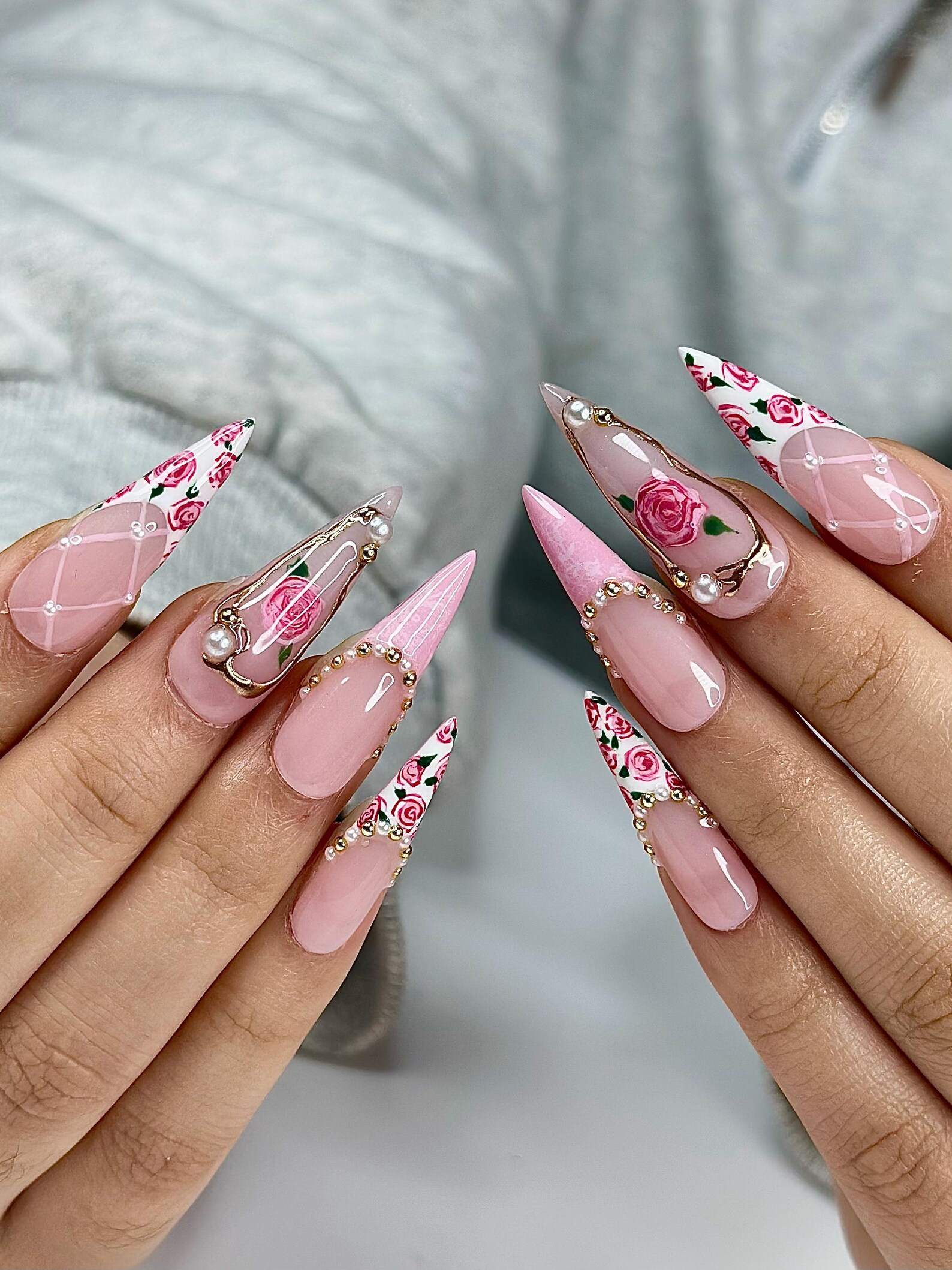 Vintage Rose Stiletto Press On Nails | Pink Rose Bridal Nails for Women | French Tip Floral Nails | Pearl Gold Nail| Romantic Nail |OB1276HC
