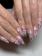 Pink Ballerina Press On Nails for Girls – Soft Blush Ombre Stiletto Nails with Pearls & Ribbons. Handmade Coquette Balletcore Inspired Press On Nail Set. Luxury Princess Nails | OB291HC