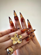 Amber Fall Press On Nails | Brown & Gold Ombre Nail Art | 3D Swirl Nails | Luxury Long Stiletto Nails | Elegant Glam Press Ons | OB174HC